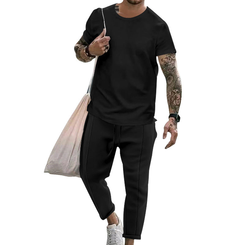 Round Neck Short Sleeve T-shirt Casual Fashion Men's Trousers Suit