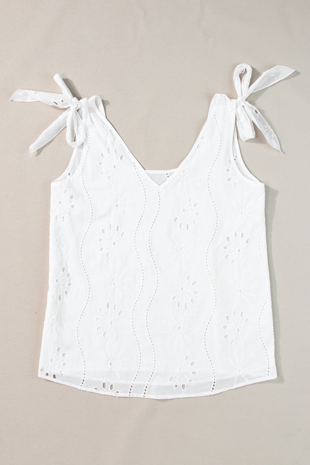 White Embroidery Patterned Knotted Straps V Neck Tank Top