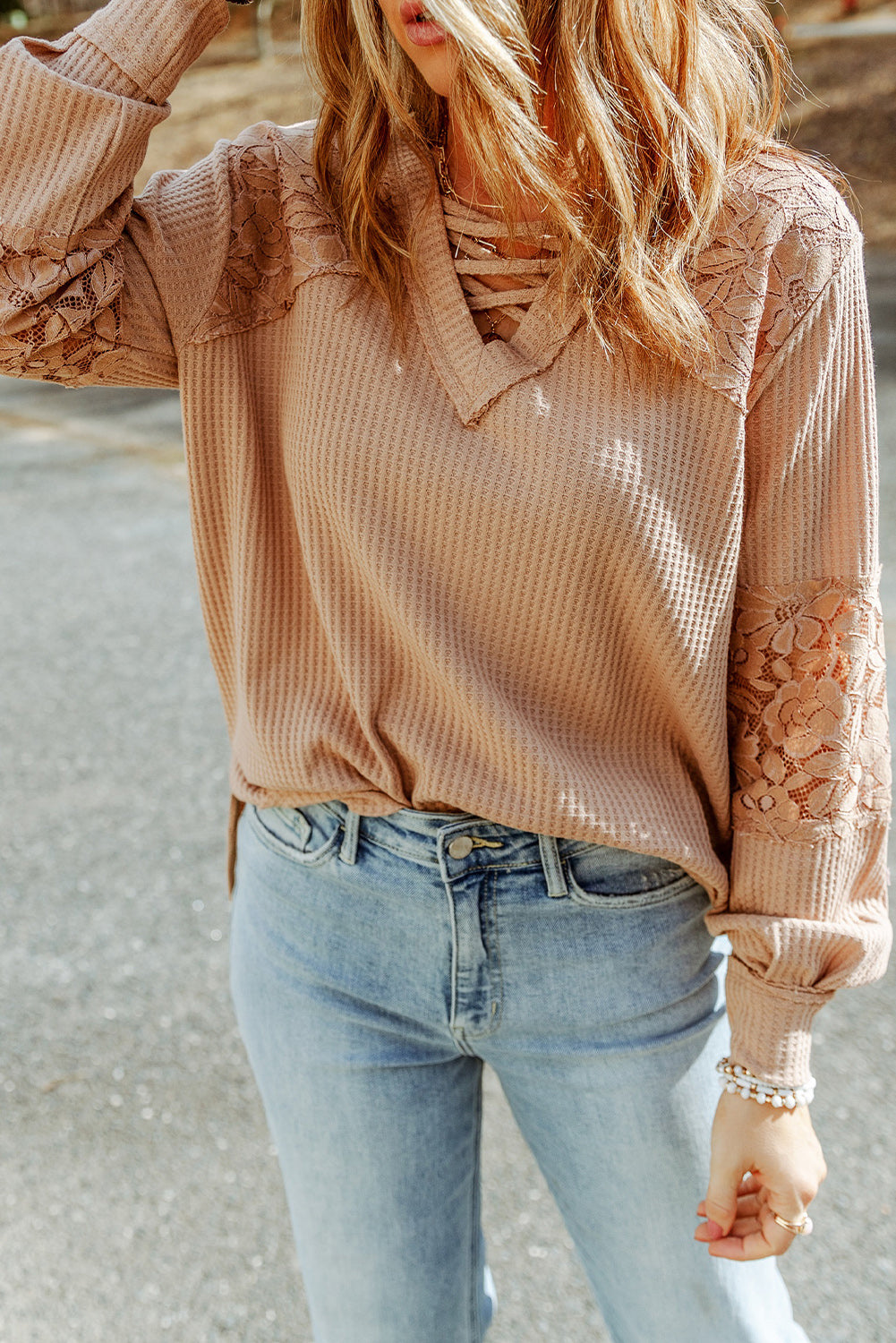 Apricot Lace Waffle Patchwork Strappy V Neck Long Sleeve Top