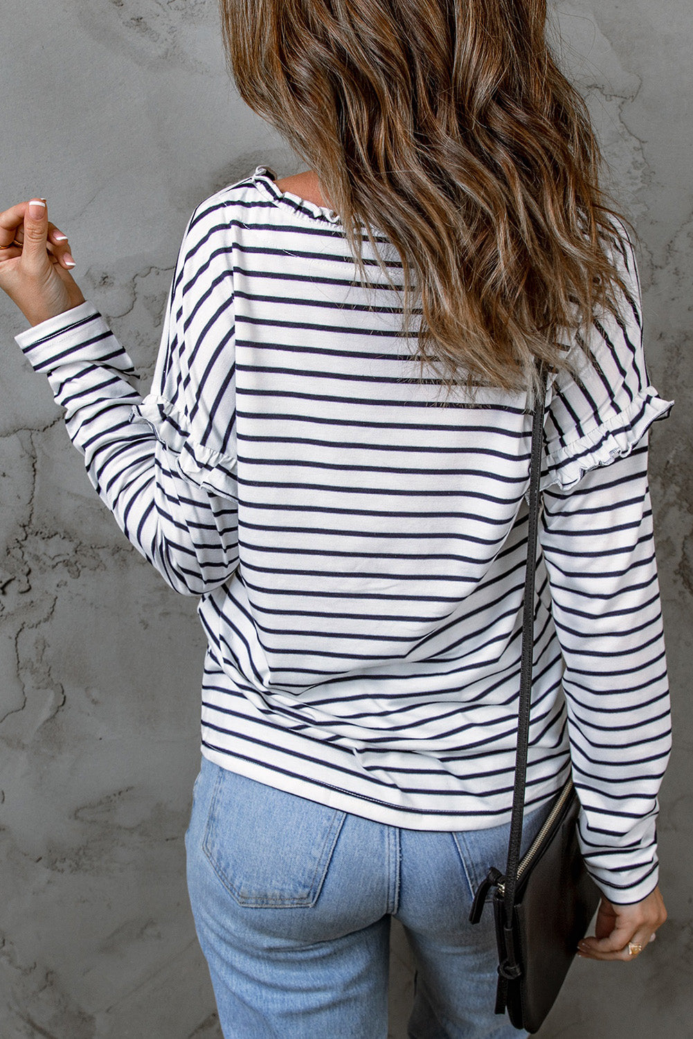 White Striped Print Ruffled Buttoned Long Sleeve Top