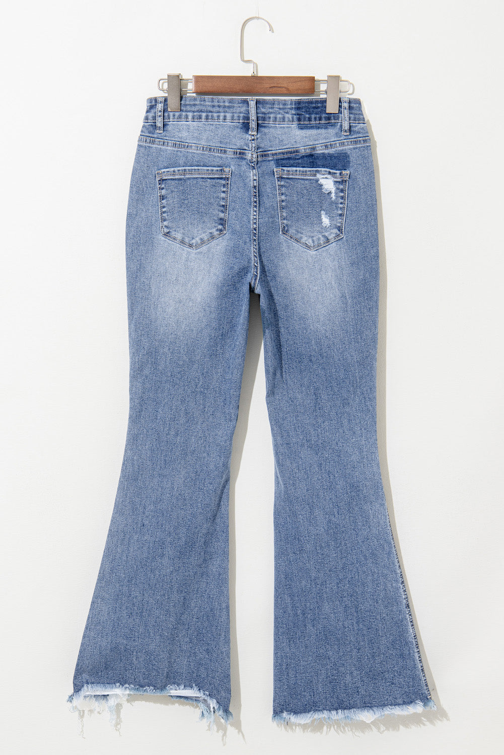 Dusk Blue High Rise Ripped Distressed Hem Flared Jeans