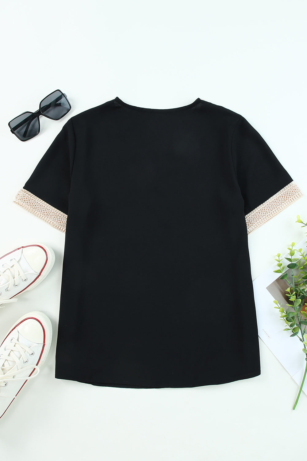 Black Lace Trim V Neck Short Sleeve Blouse