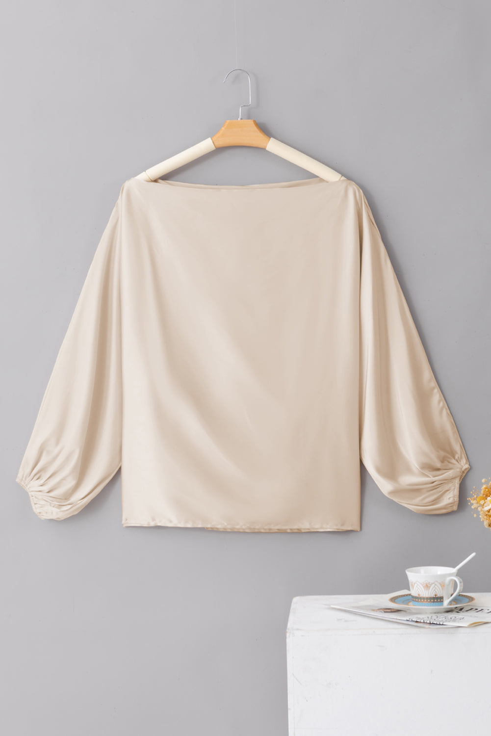 Apricot Asymmetrical Neck Balloon Sleeve Satin Blouse