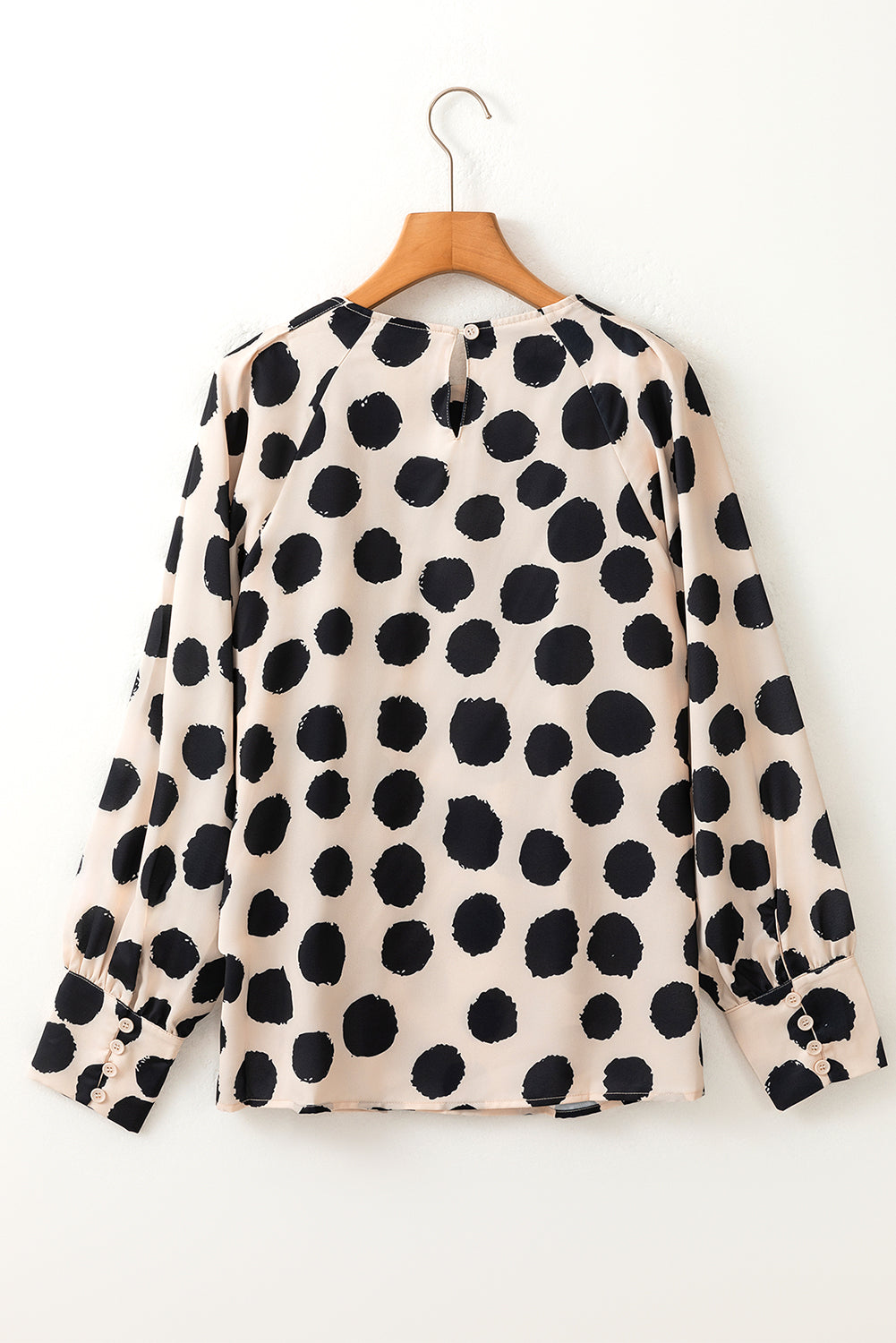 Black Polka Dot Print Buttoned Sleeve Pleat Blouse