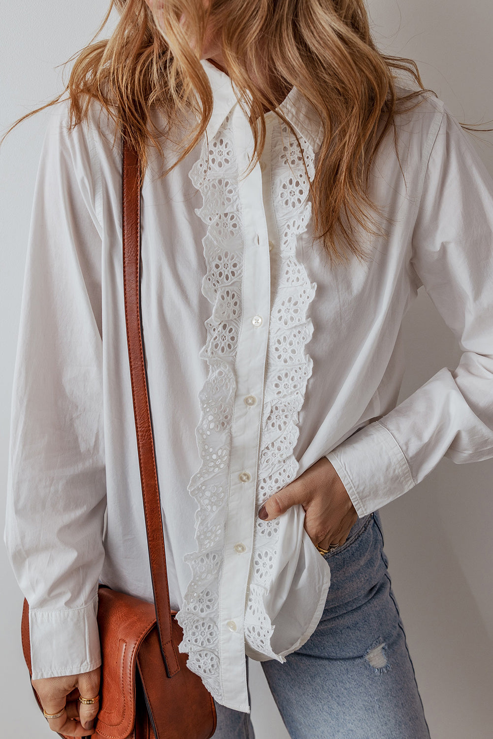 White Lace Crochet Trim Turn Down Collar Buttoned Shirt