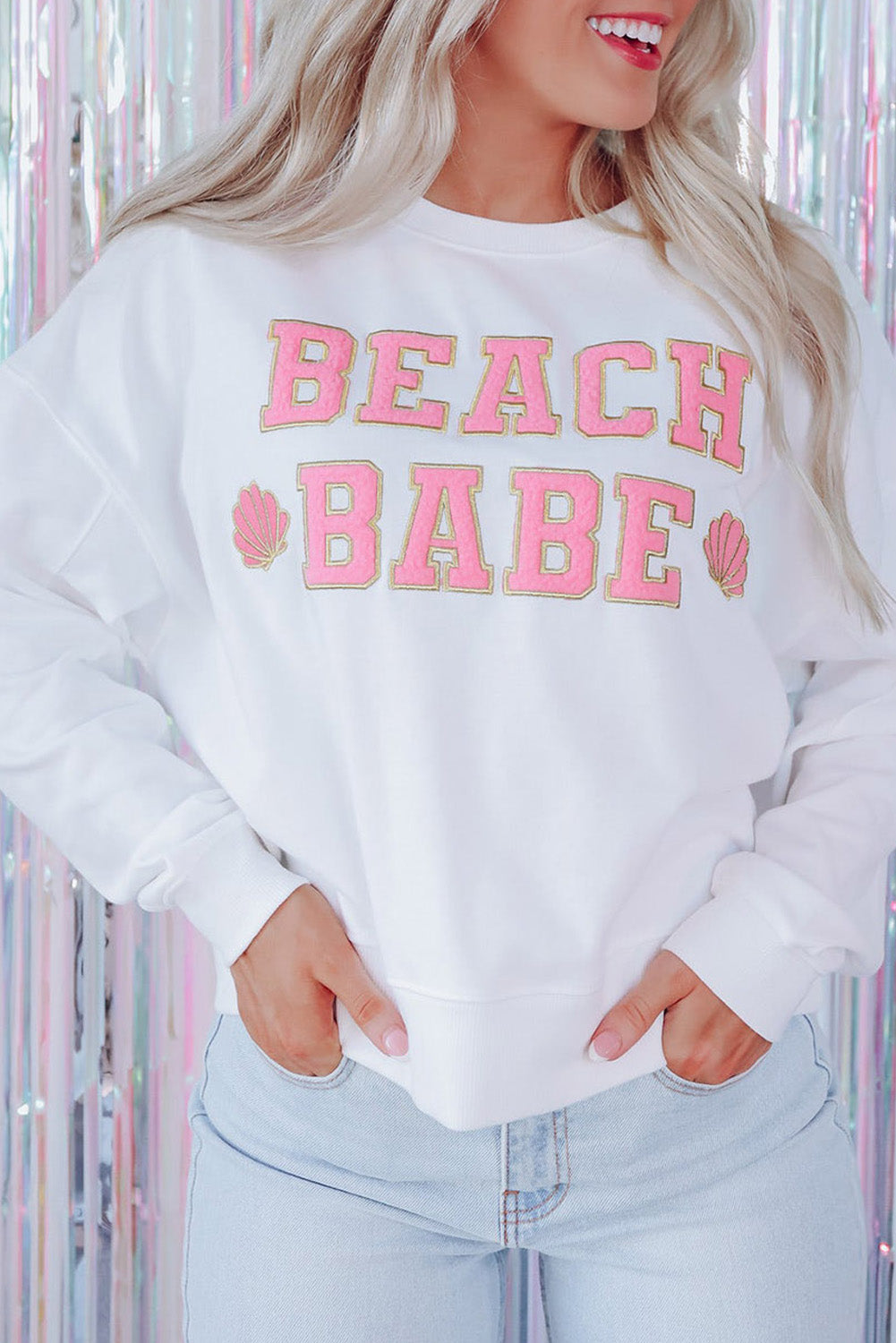 White BEACH BABE Slogan Graphic Casual Sweatshirt