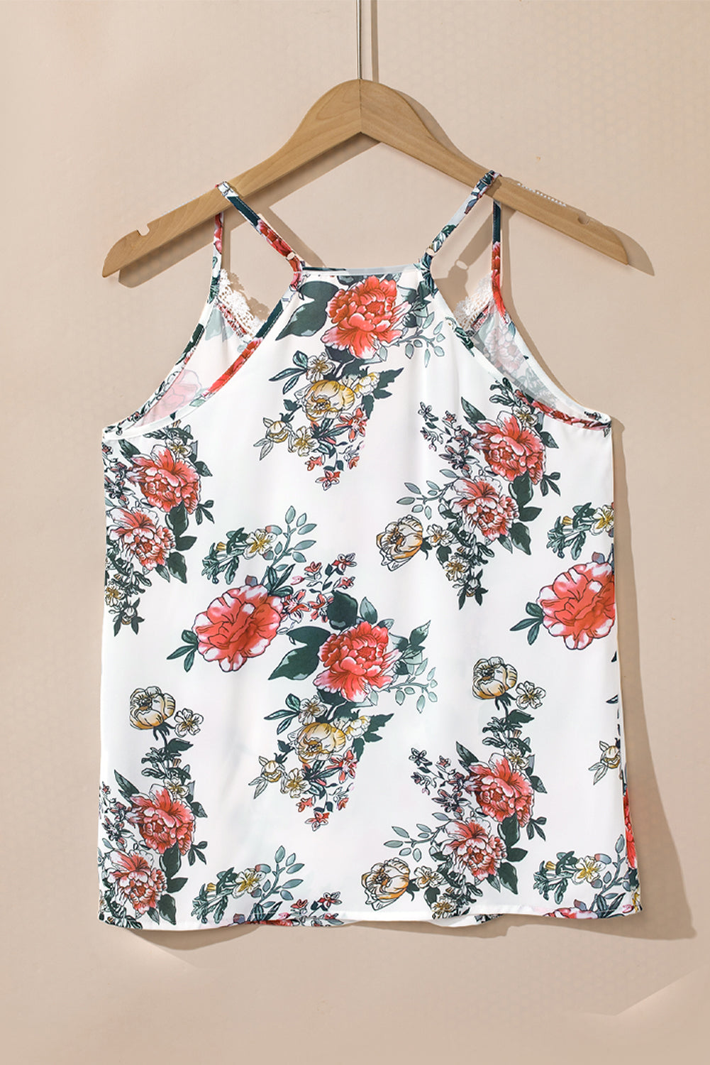 White Floral Print Lace V Neck Tank Top