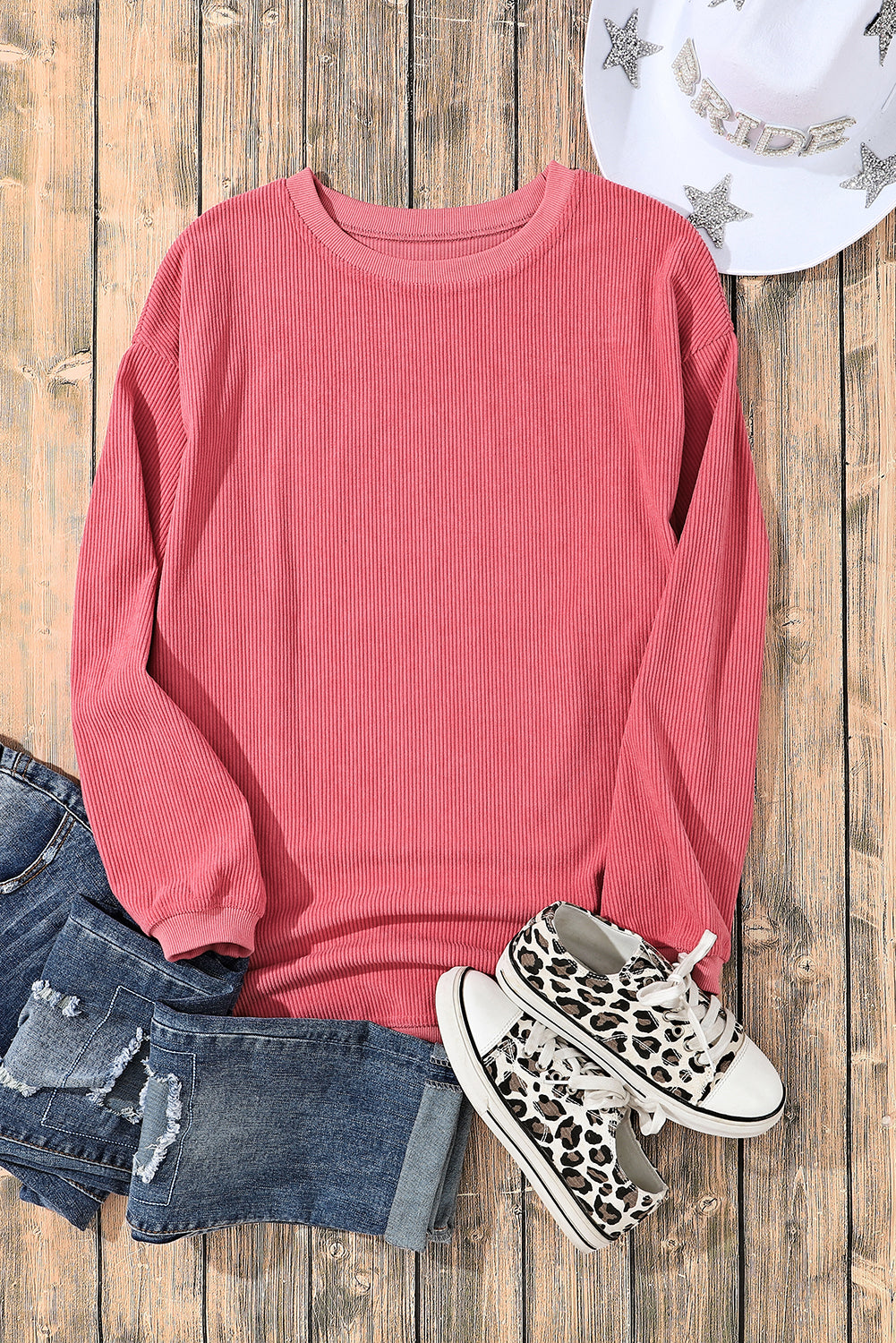 Strawberry Pink Ribbed Corduroy Oversized Sweatshirt