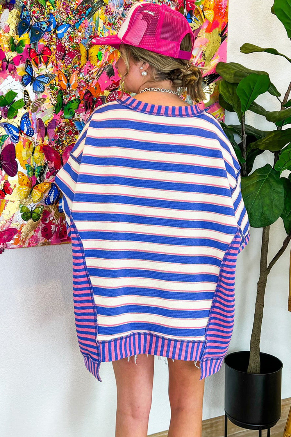 Blue Stripe Patchwork Exposed Seam Drop Shoulder Oversized Top