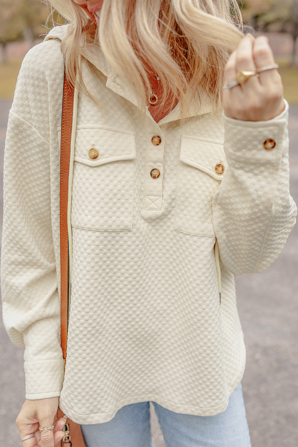 Apricot Textured Buttoned Neckline Side Pockets Hoodie