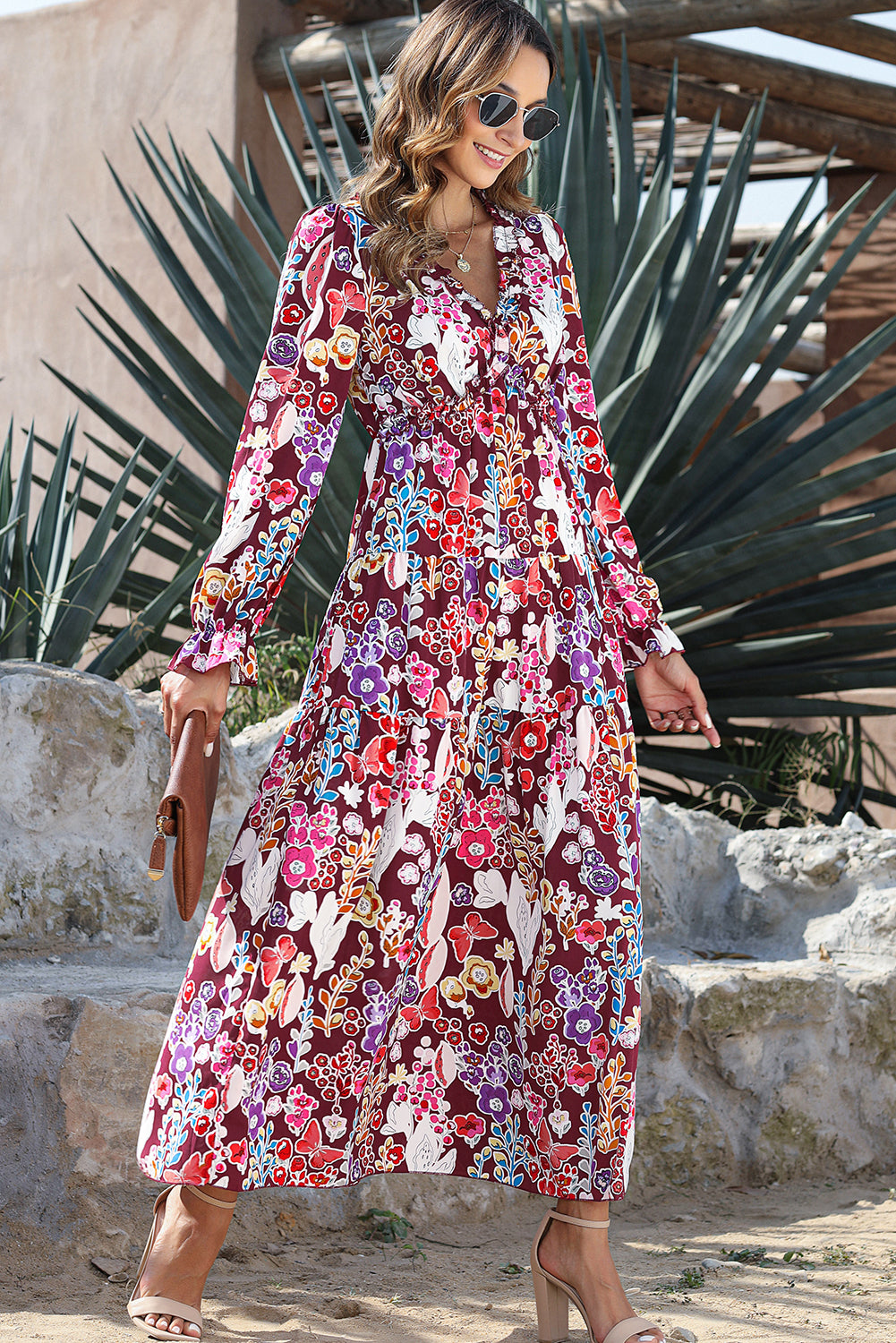 Violet V Neck Floral Print Empire Waist Maxi Dress