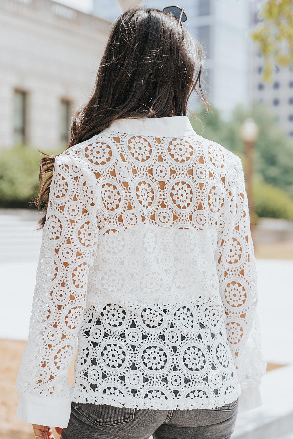 White Crochet Lace Hollow-out Turn-down Collar Shirt