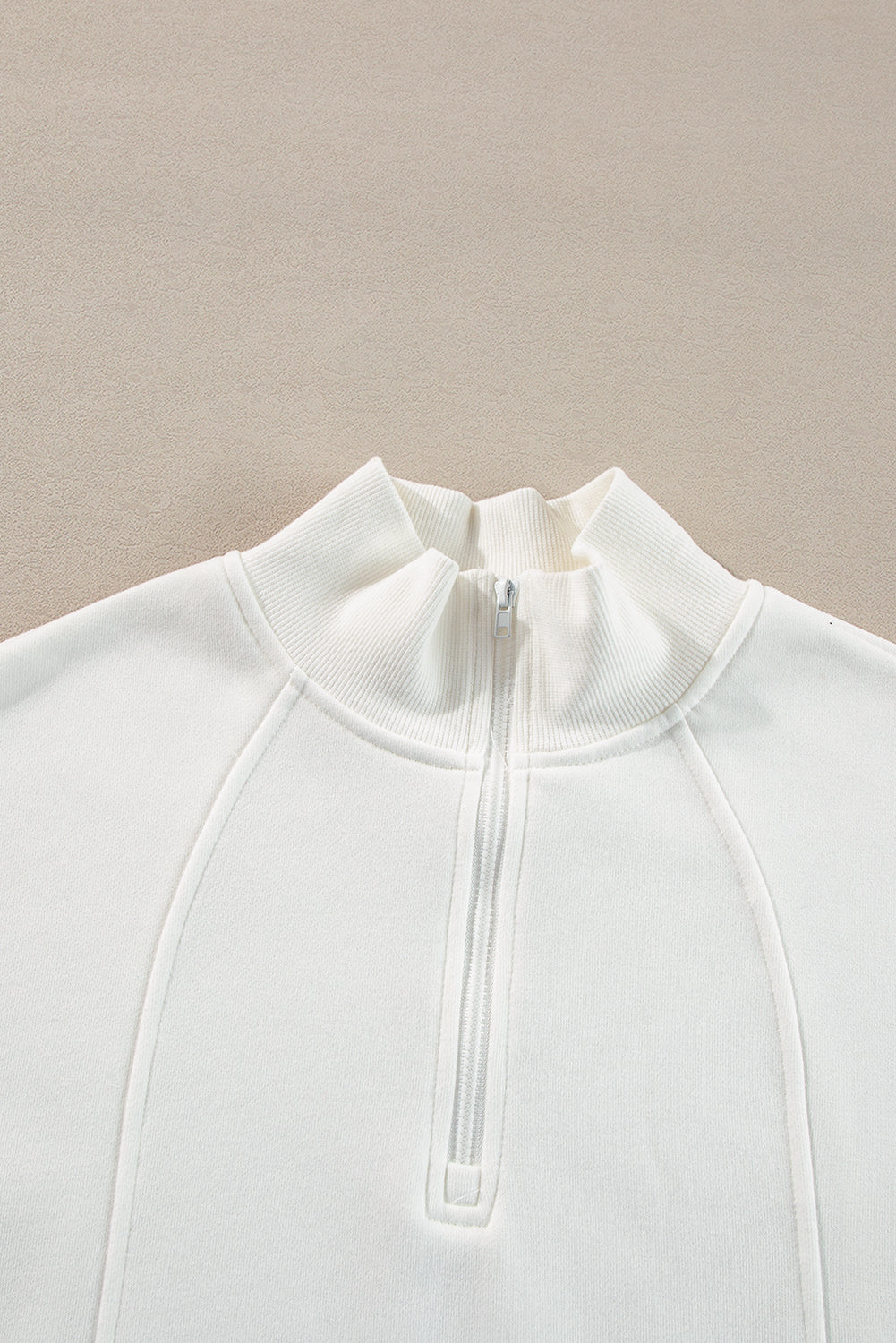 White Zipped Neck Pullover Drop Shoulder Sweatshirt