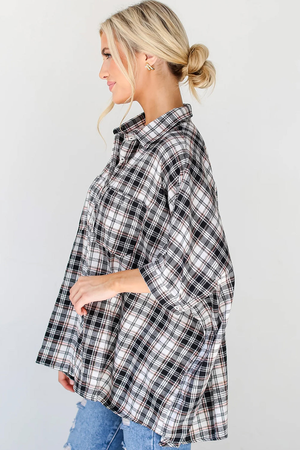 Black Plaid Print Chest Pockets Oversize Shirt