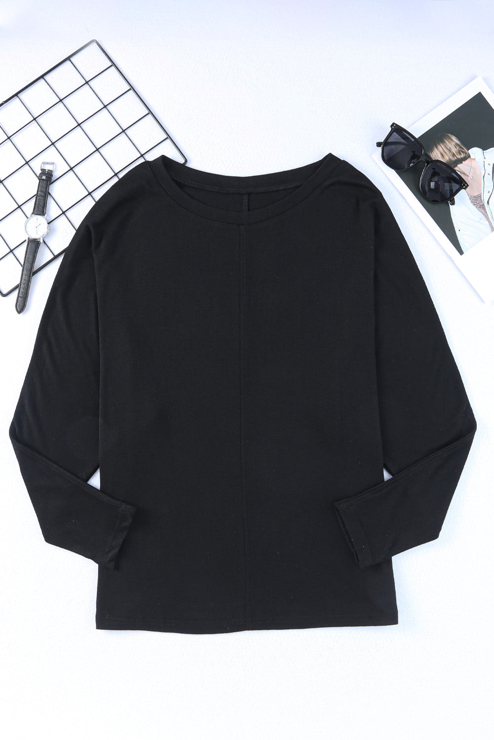 Black Solid Color Patchwork Long Sleeve Top