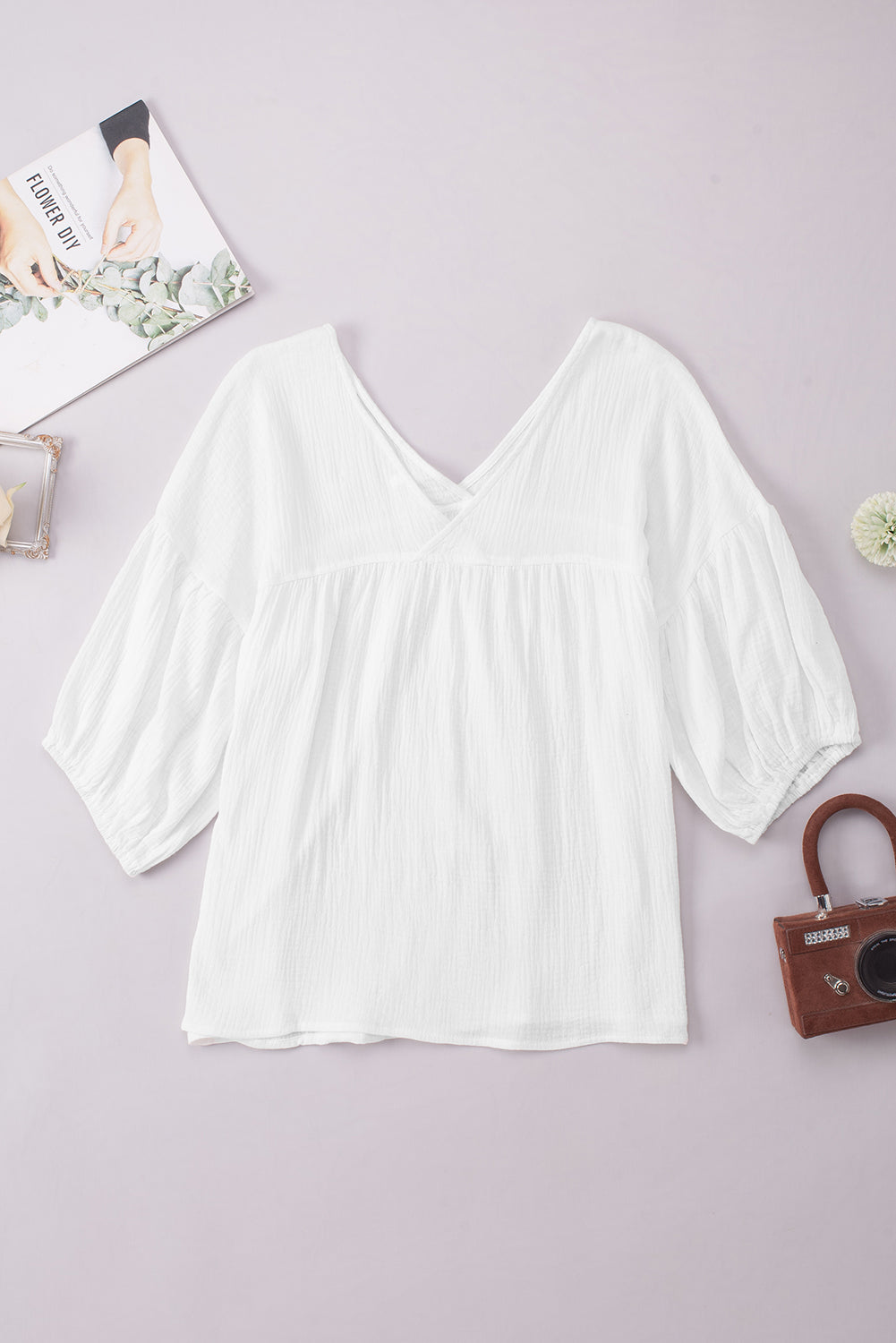 White Textured V Neck Bracelet Sleeve Babydoll Blouse