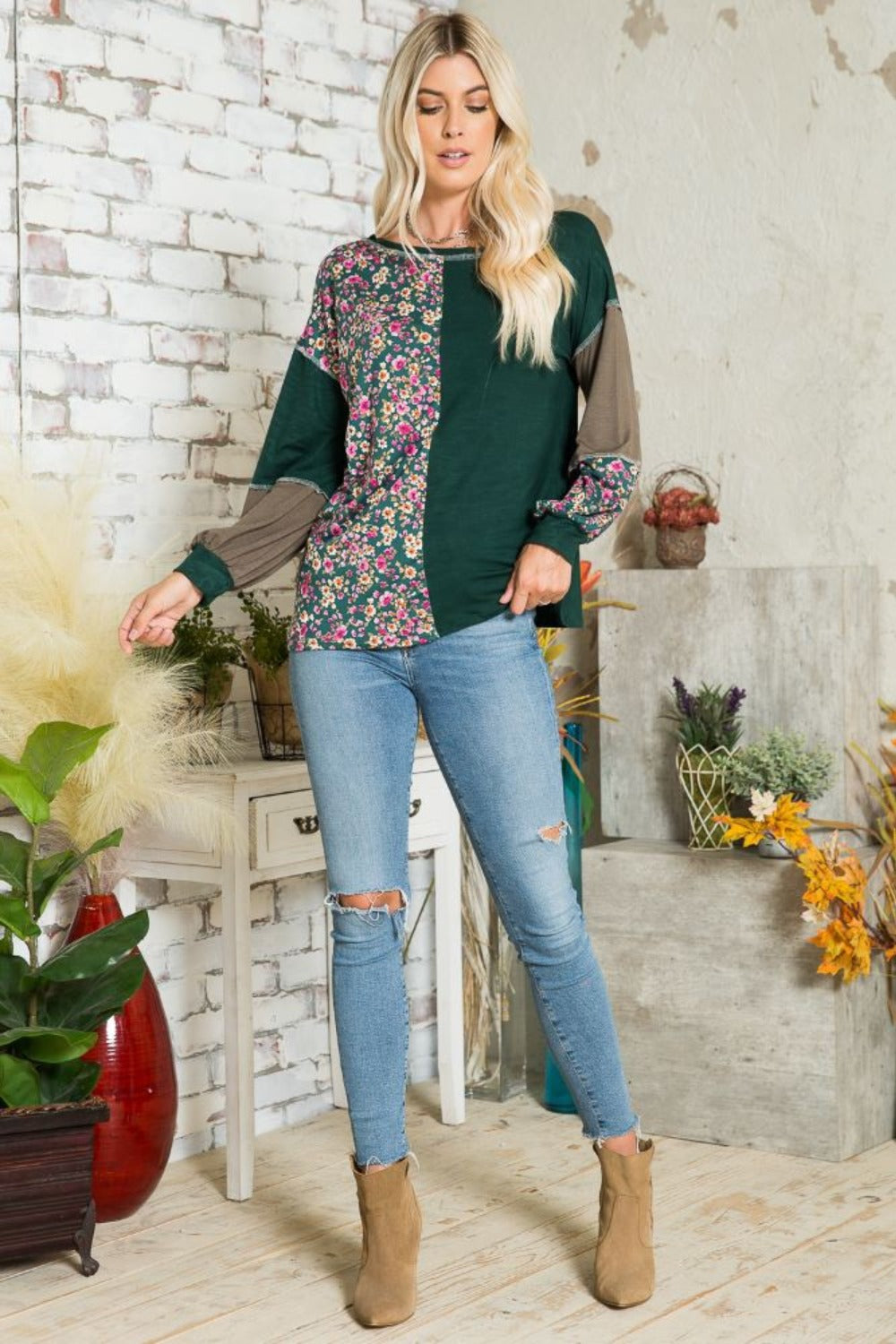 Celeste Full Size Floral Color Block Exposed Seam T-Shirt