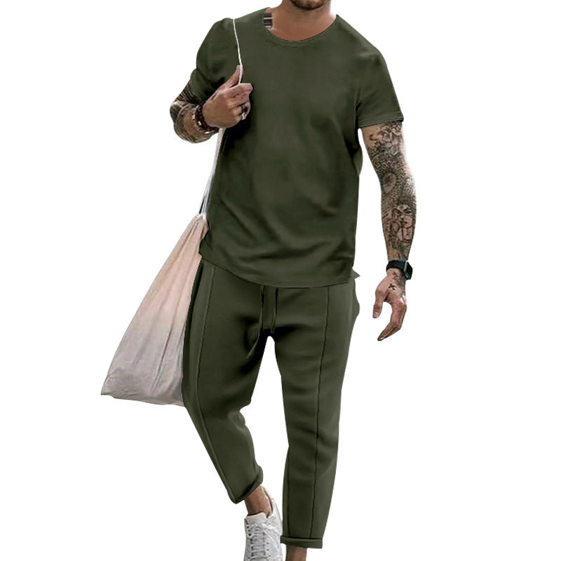 Round Neck Short Sleeve T-shirt Casual Fashion Men's Trousers Suit