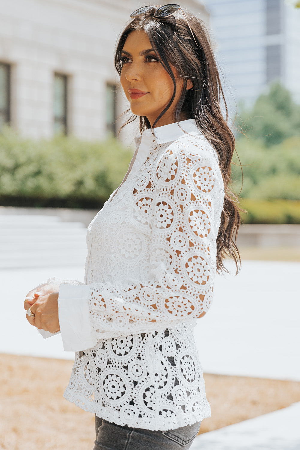 White Crochet Lace Hollow-out Turn-down Collar Shirt