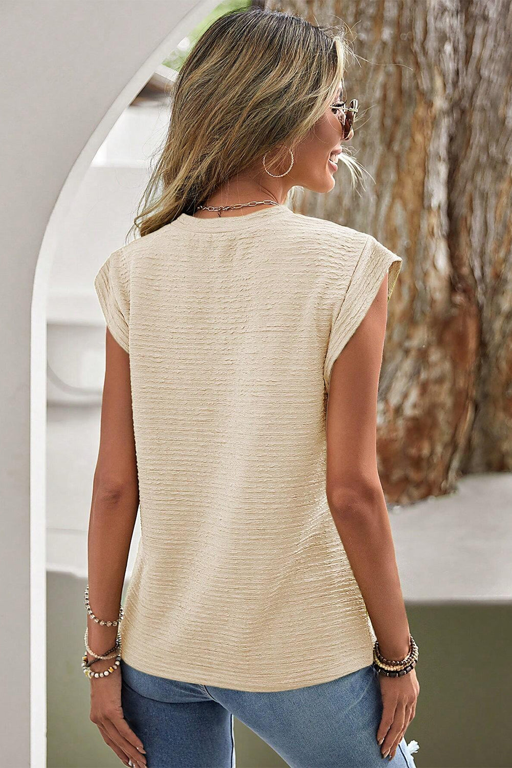 Beige Solid Textured Batwing Sleeve Crew Neck T Shirt