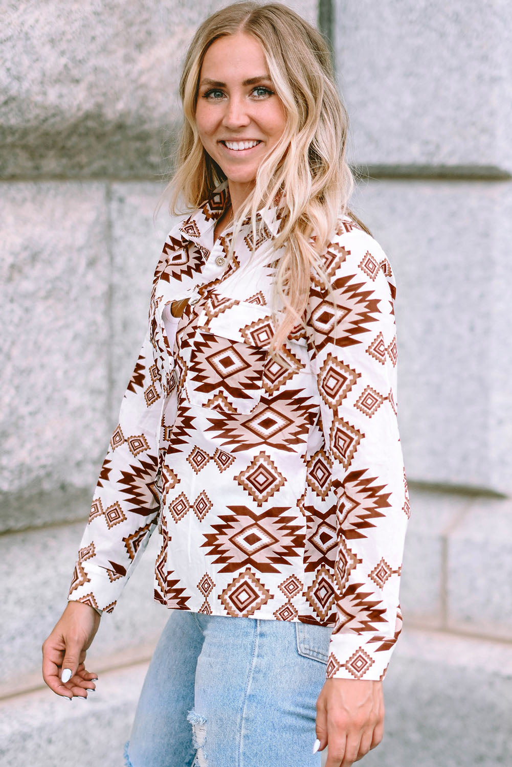 White Western Aztec Pattern Button Flap Pocket Shirt