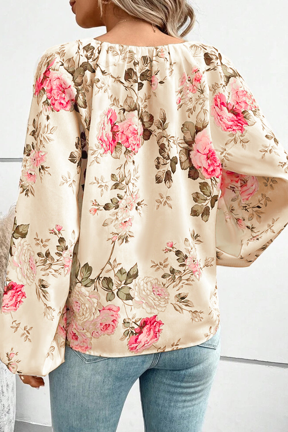 Beige Floral Print Lantern Sleeve V-Neck Blouse