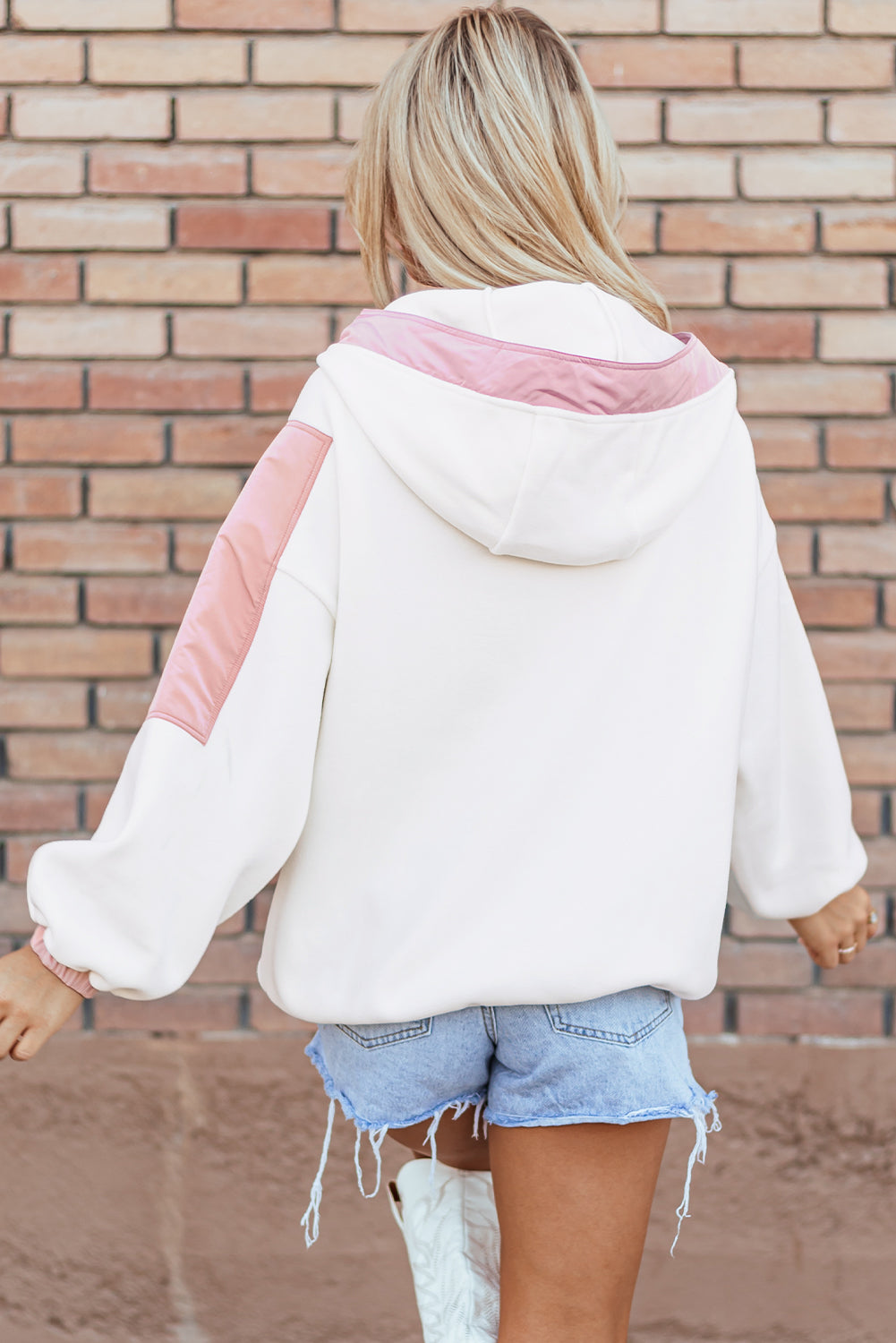 White Colorblock Patchwork Half Zip Oversized Sherpa Hoodie