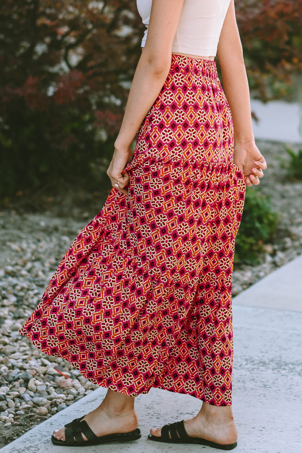 Rose Vintage Boho Floral Print Tiered Maxi Skirt