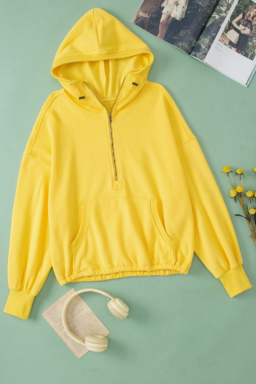 Yellow Ribbed Trim Kangaroo Pocket Zipped Hoodie