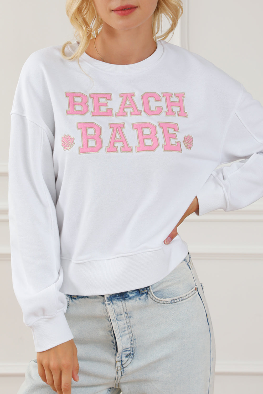 White BEACH BABE Slogan Graphic Casual Sweatshirt