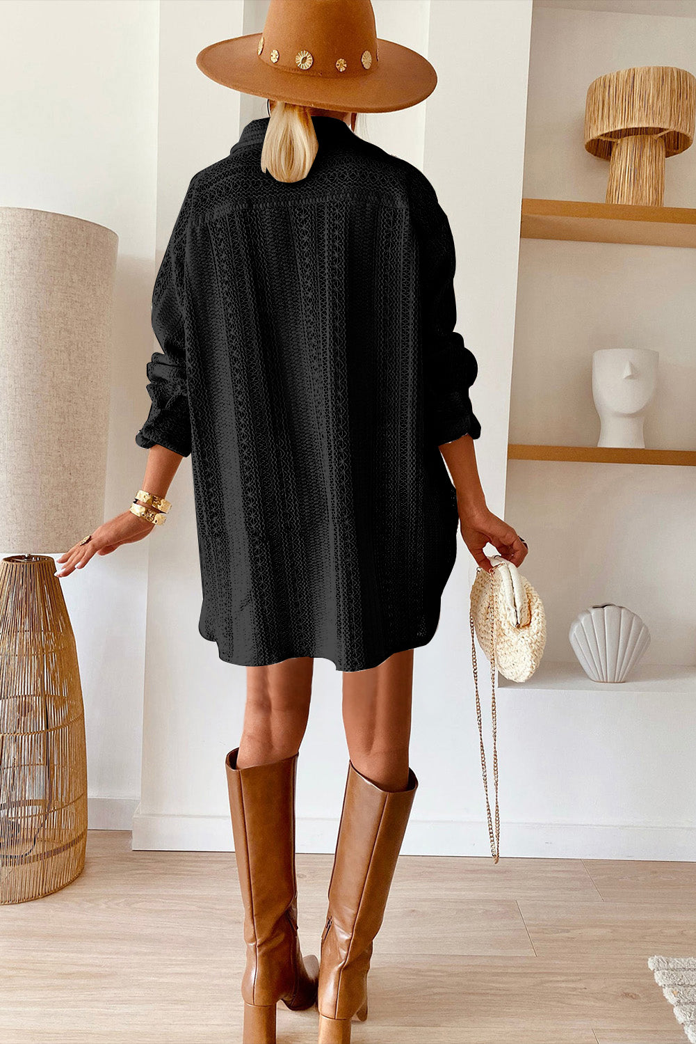 Black Lace Crochet Collared Tunic Oversized Shirt