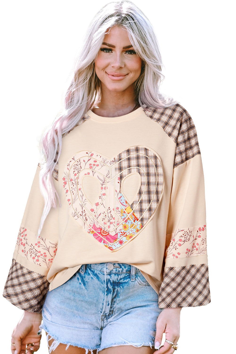 Beige Plaid Floral Peace Heart Graphic Wide Long Sleeve Top