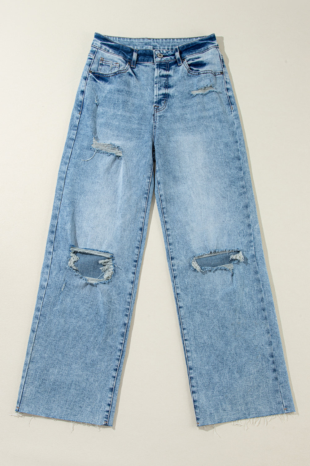 Light Blue Distressed Ripped Raw Hem Straight Jeans