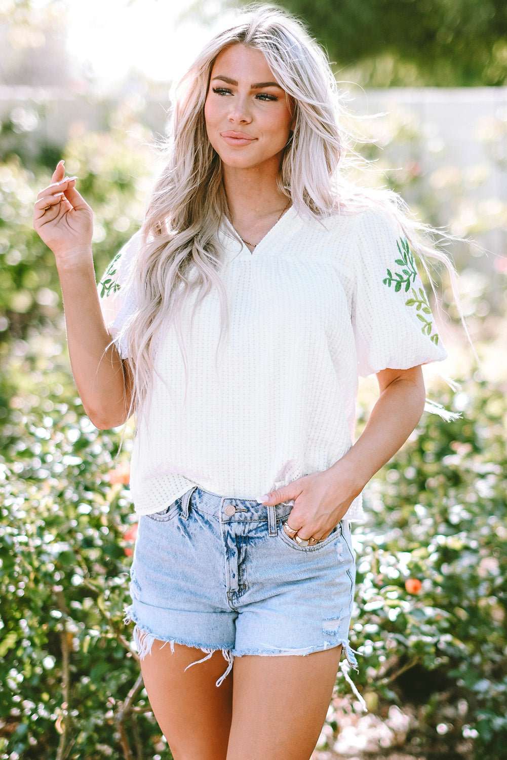 White Floral Embroidered Puff Sleeve Notched Neck Blouse