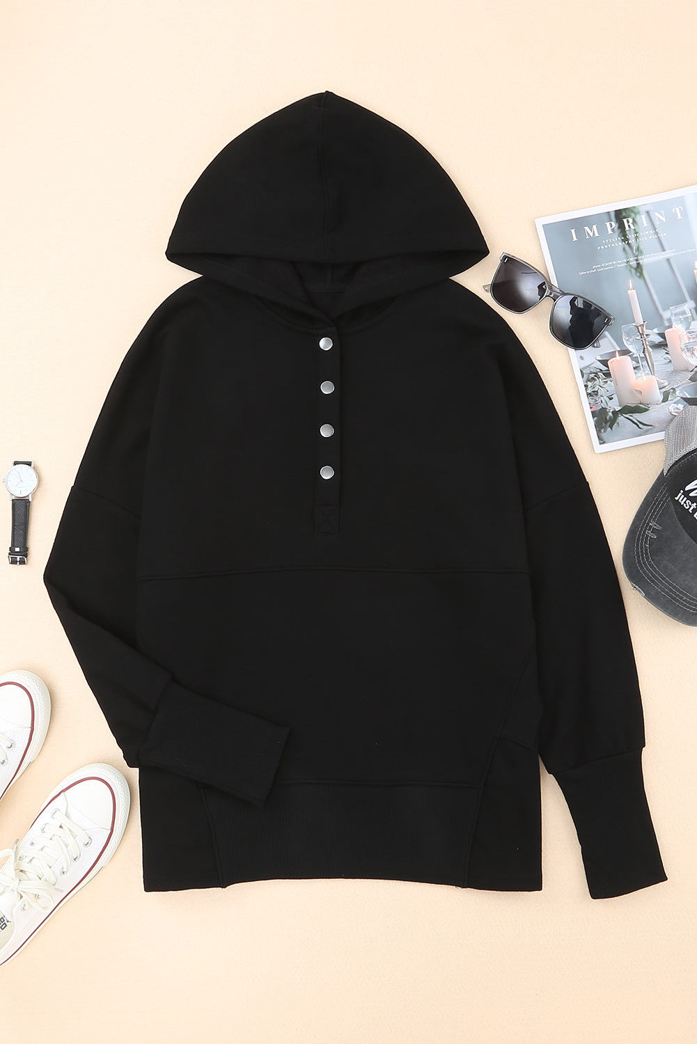 Black Batwing Sleeve Pocketed Henley Hoodie