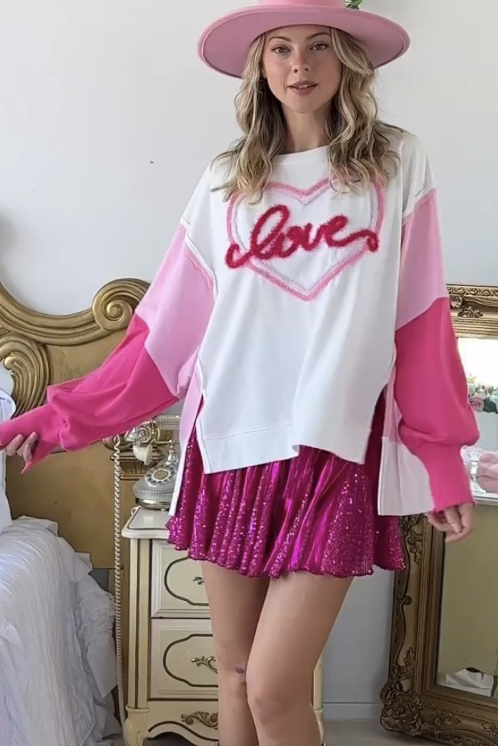 White Tinsel Love Heart Graphic Color Block Sleeve Sweatshirt