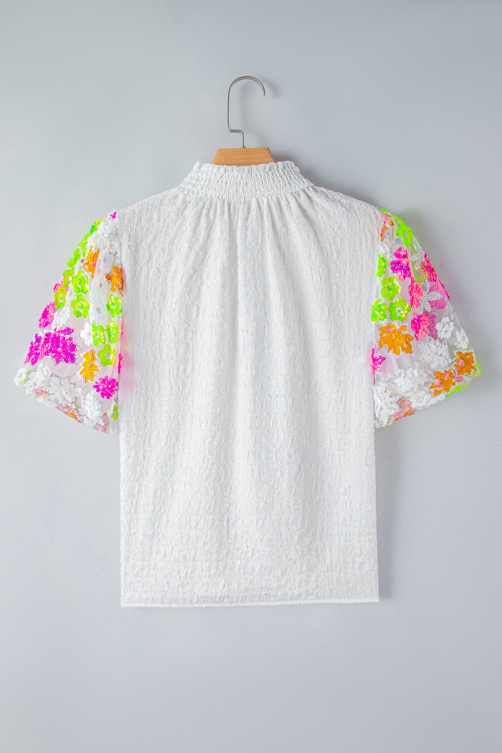 White Smocked Collar Sequin Flower Puff Sleeve Textured Top