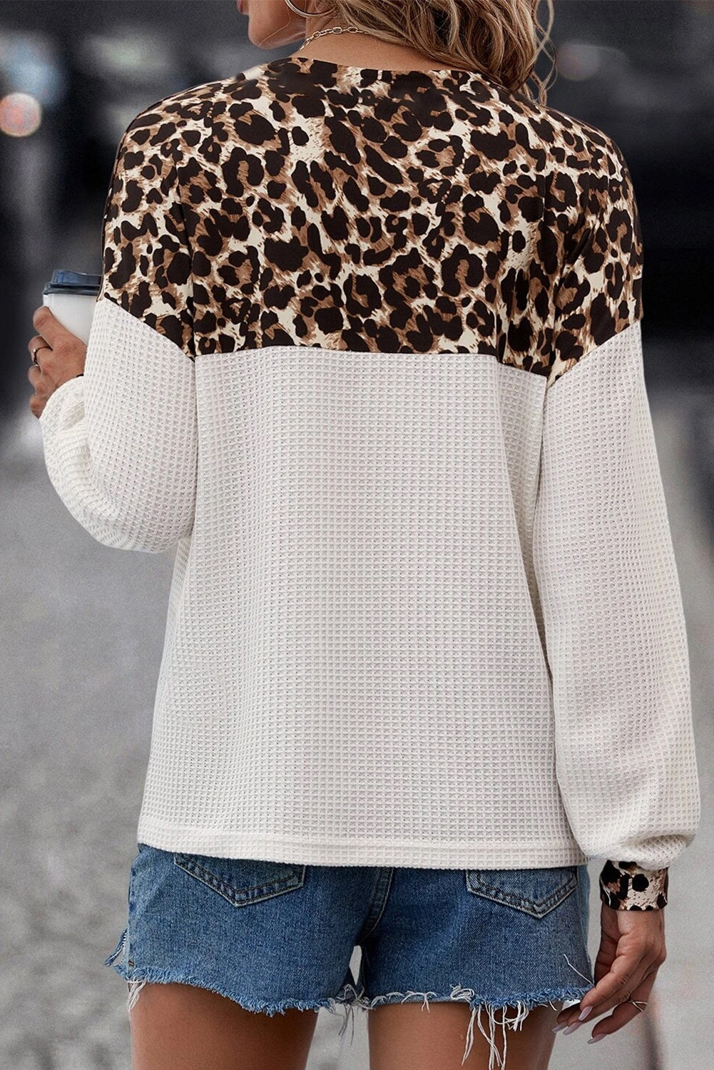 White Leopard Waffle Knit Patchwork Button V Neck Top