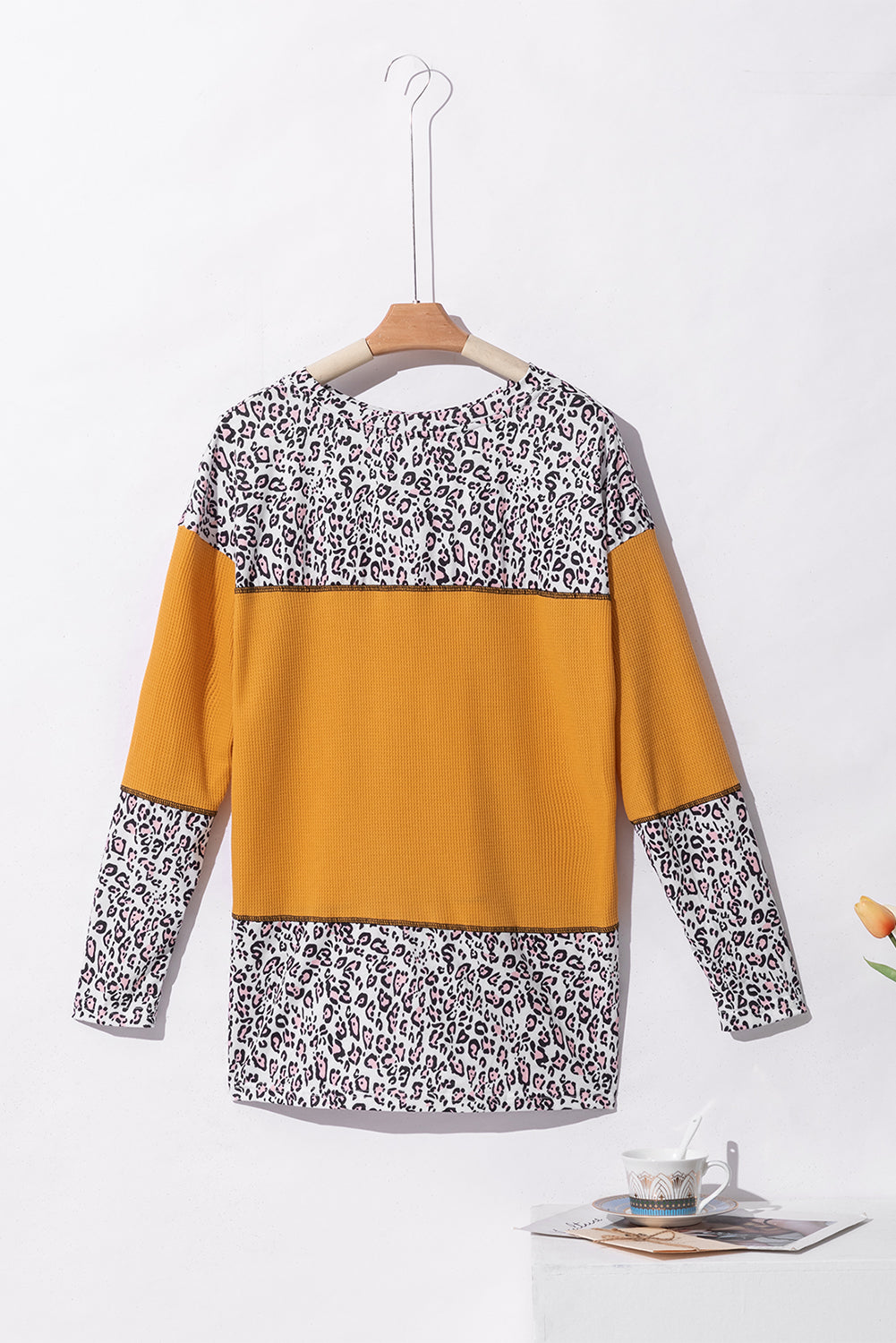 Vitality Orange Leopard Print Waffle Knit Patchwork Top