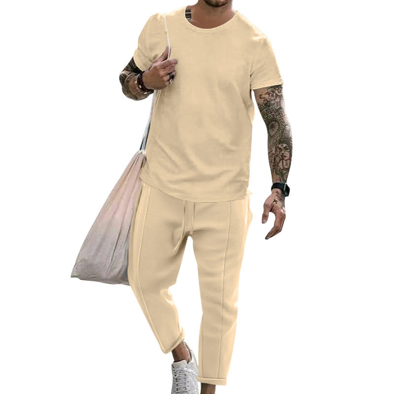 Round Neck Short Sleeve T-shirt Casual Fashion Men's Trousers Suit