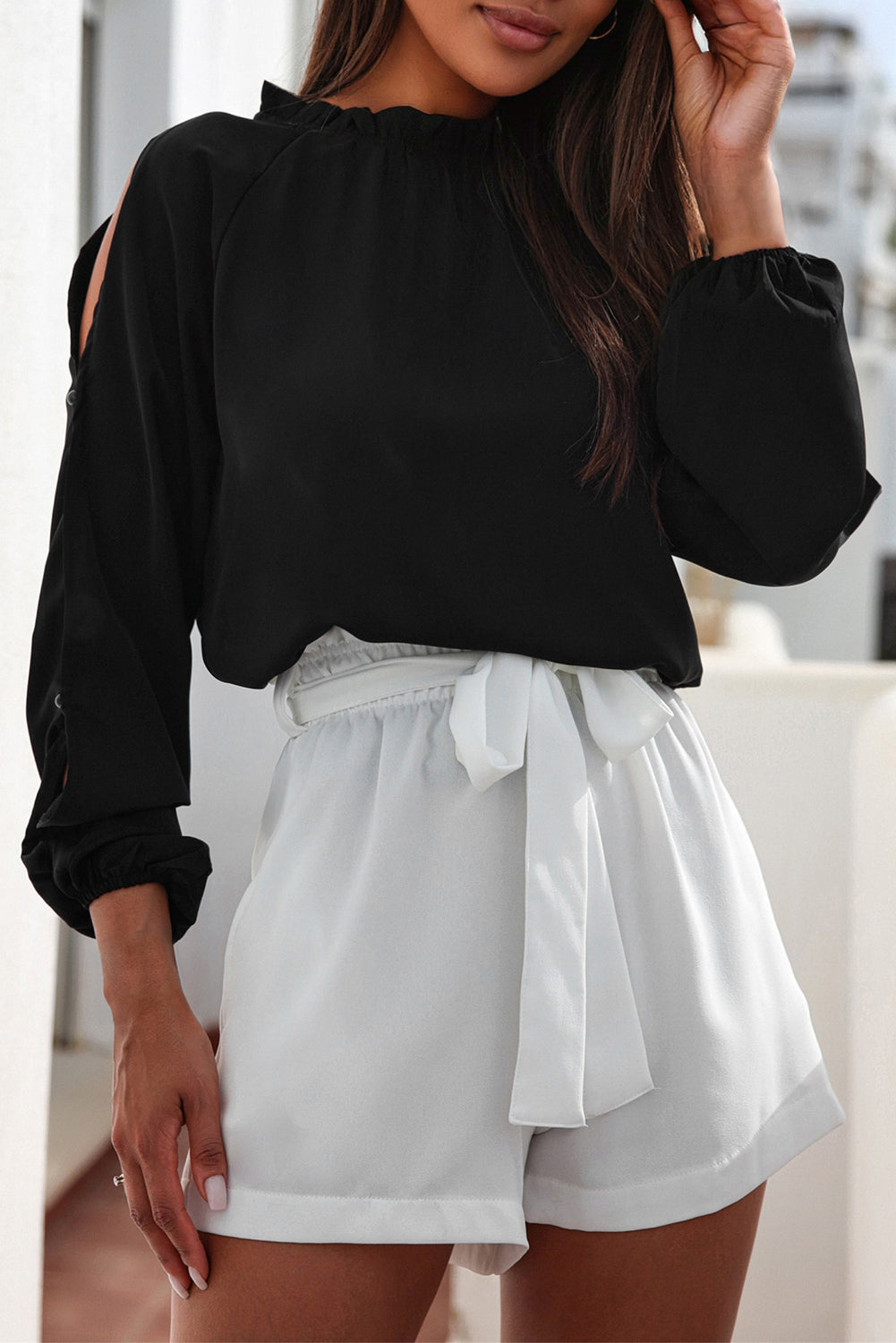 Black Cold Shoulder Bishop Sleeve Blouse