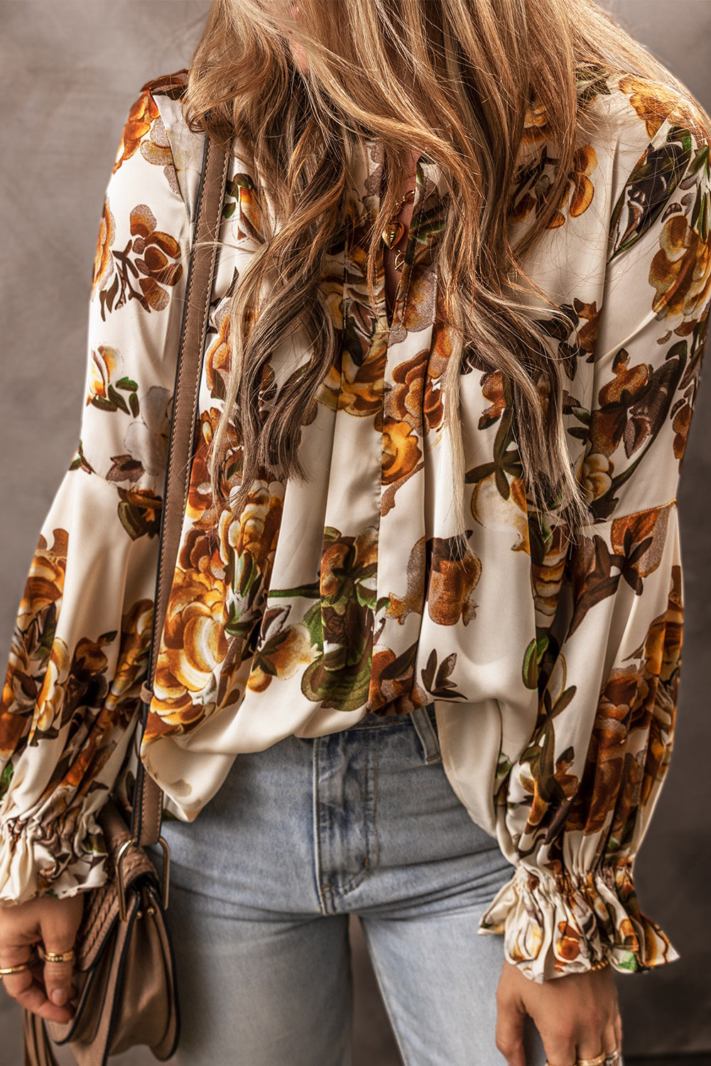 Apricot Gorgeous Floral Split Neck Flounce Sleeve Blouse