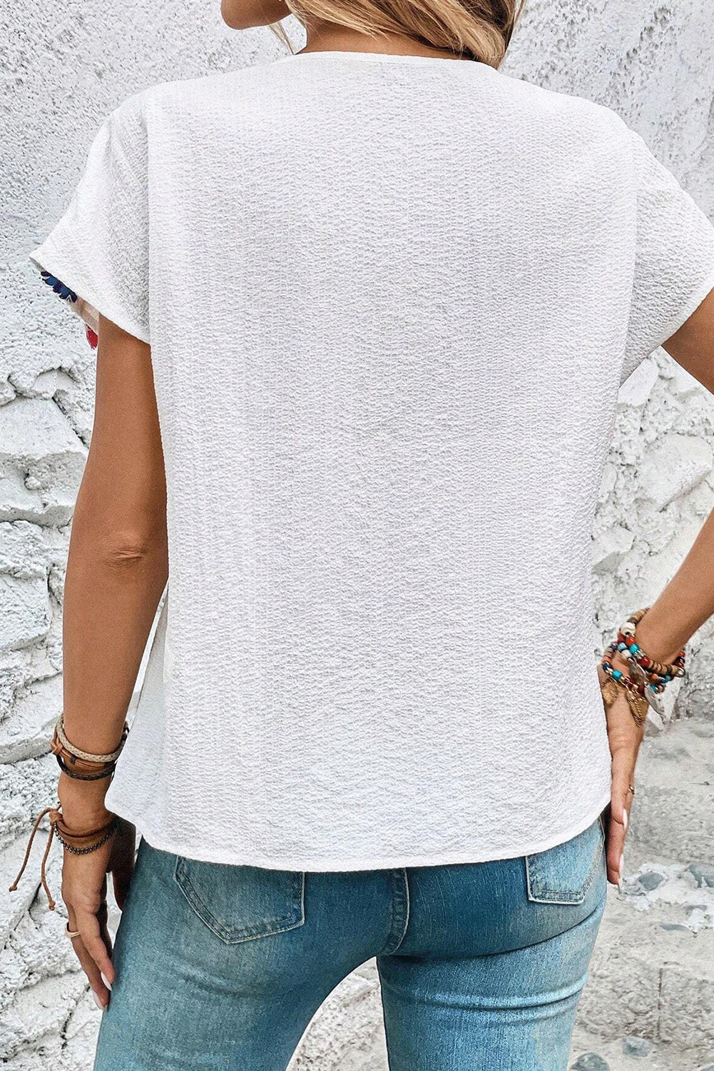 White Knit Crochet Patchwork Textured Fringed V Neck Blouse