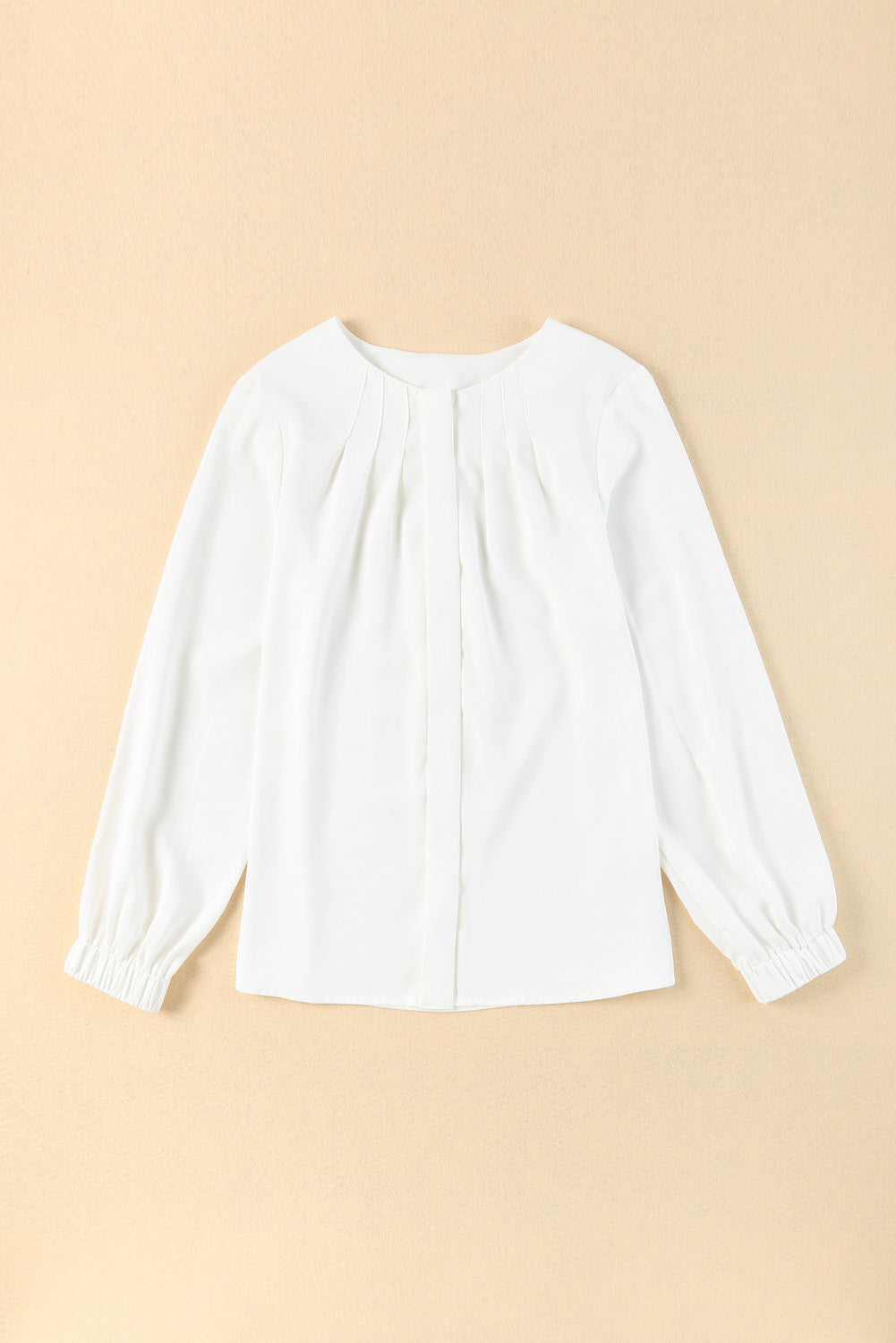 White Crew Neck Gathered Stretch Cuff Shirt