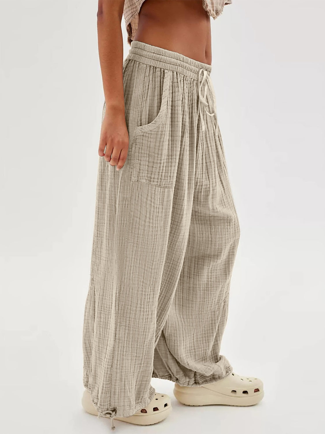 Textured Tied Pants with Pockets