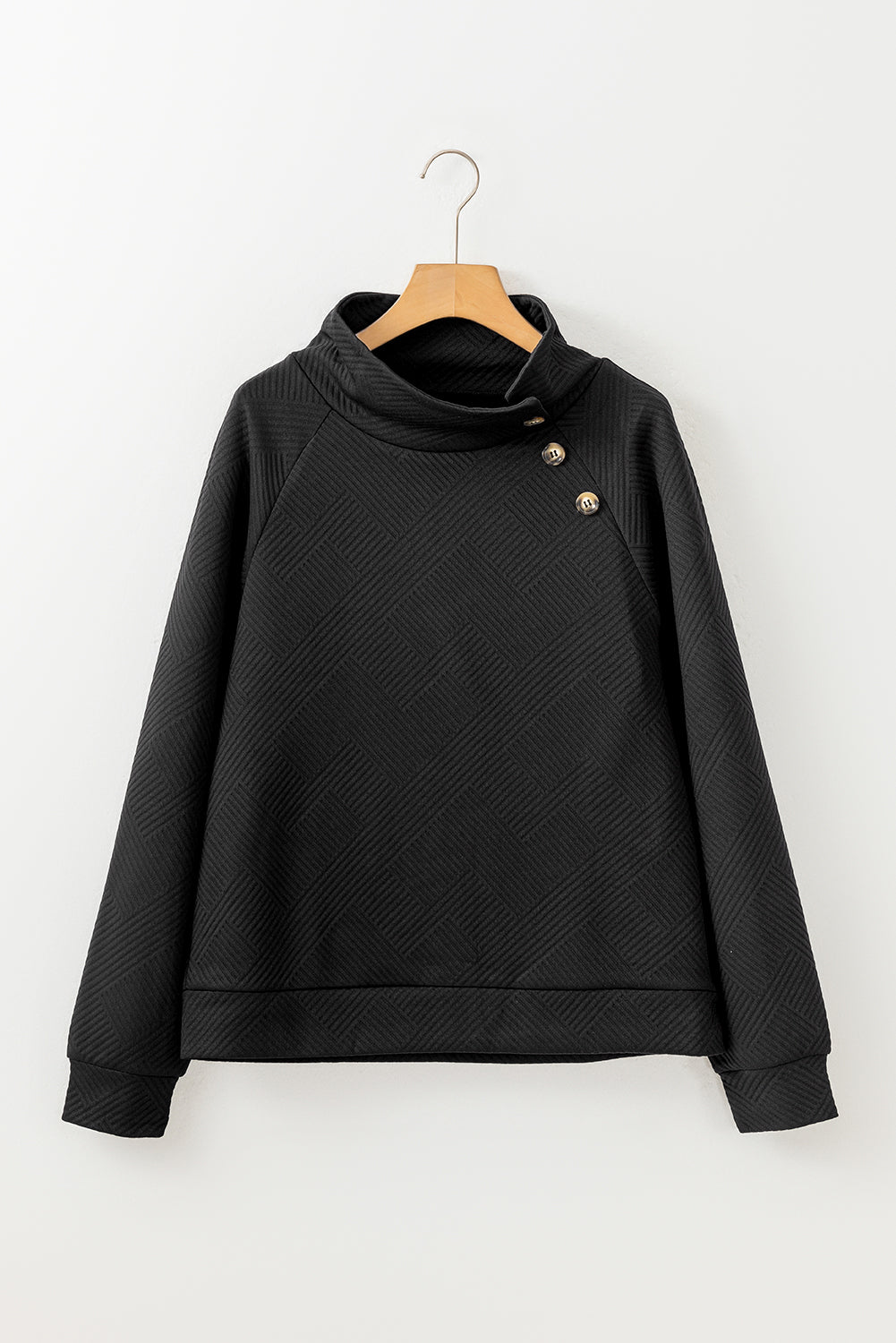 Black Asymmetric Buttons Detail High Neck Textured Sweatshirt