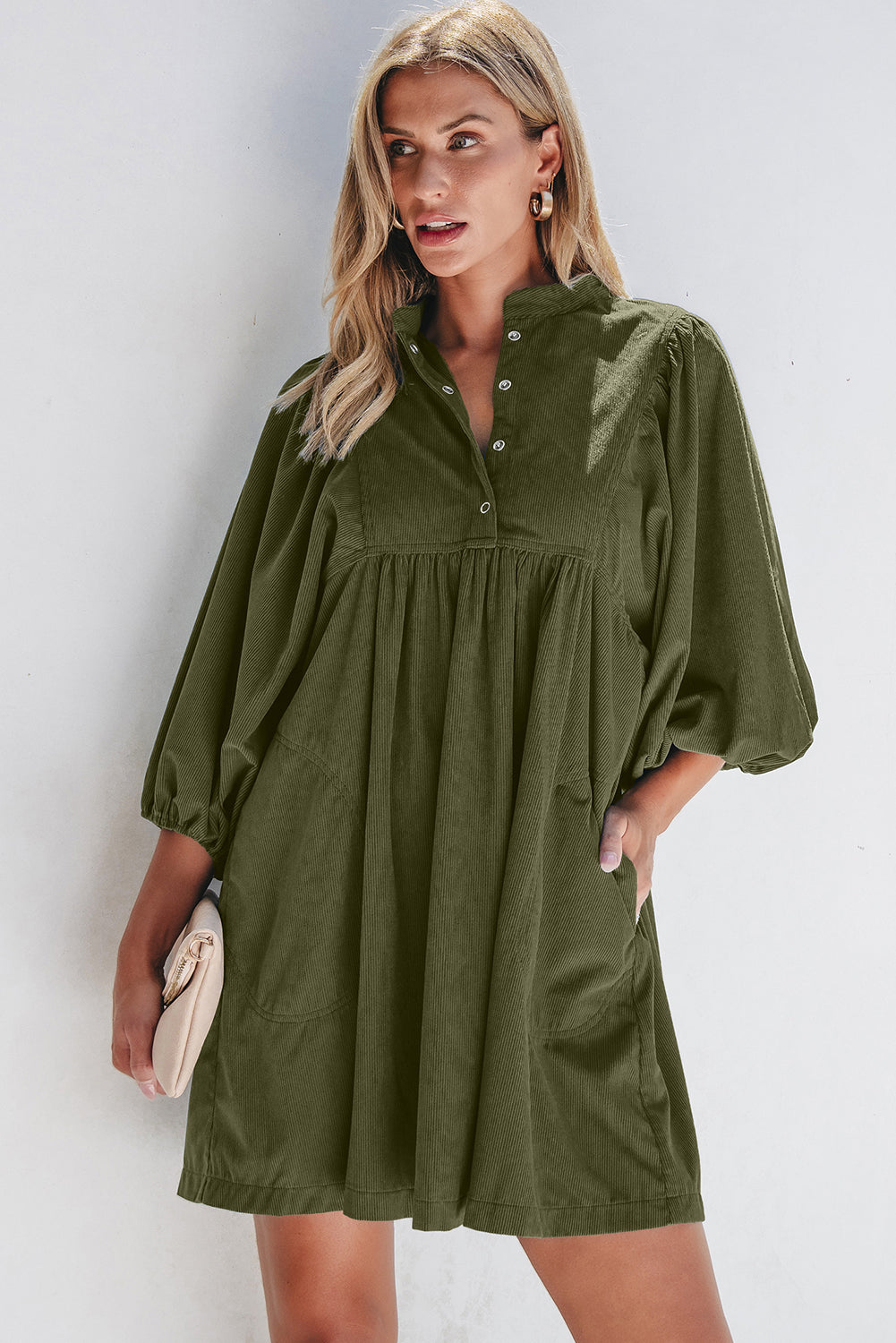 Vineyard Green Corduroy Snap Buttons Empire Waist Bracelet Sleeve Dress