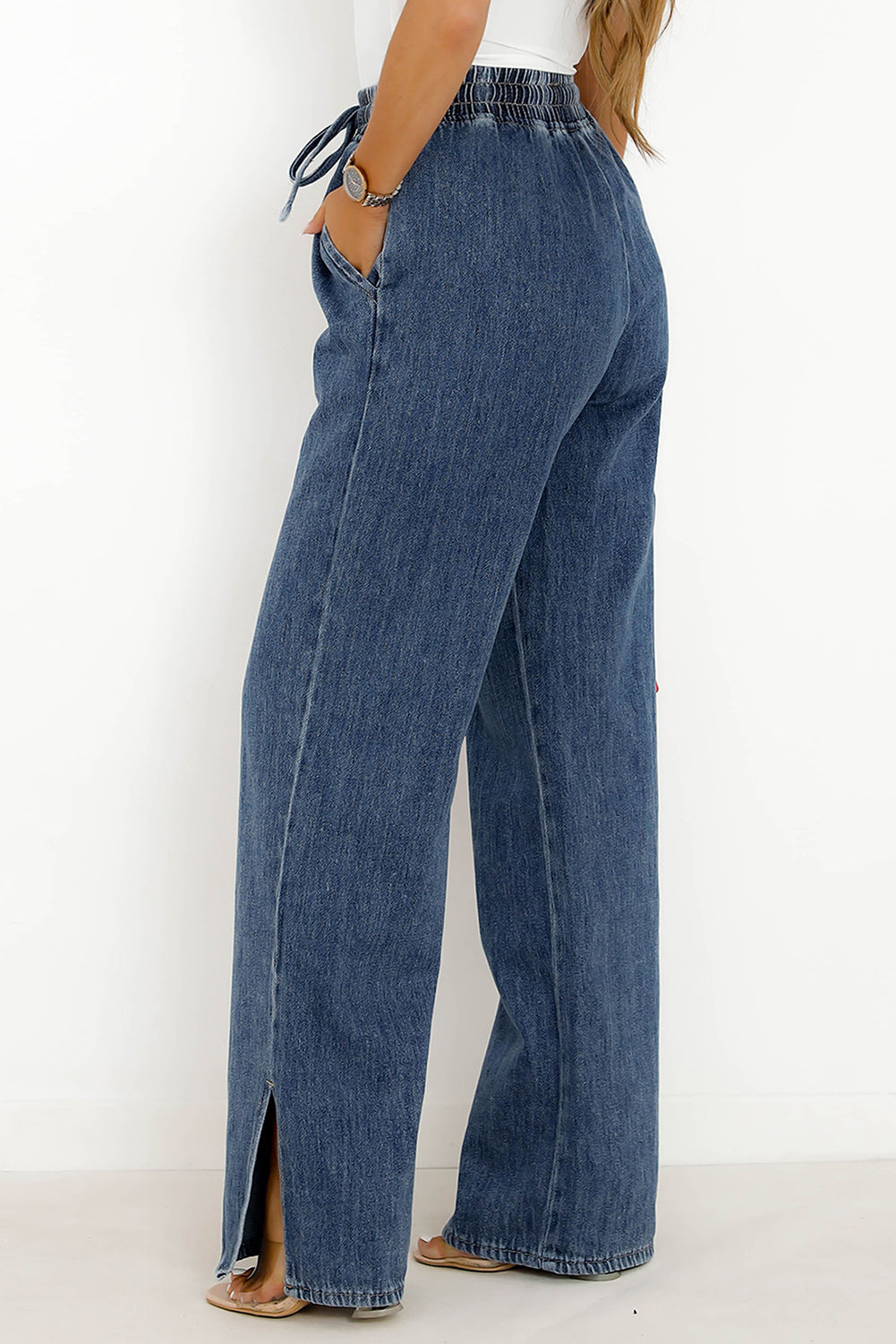 Dark Blue Drawstring Elastic Waist Wide Leg Jeans