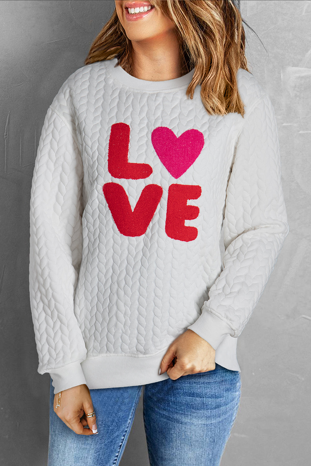 White LOVE Chenille Embroidered Cable Knit Pullover Sweatshirt