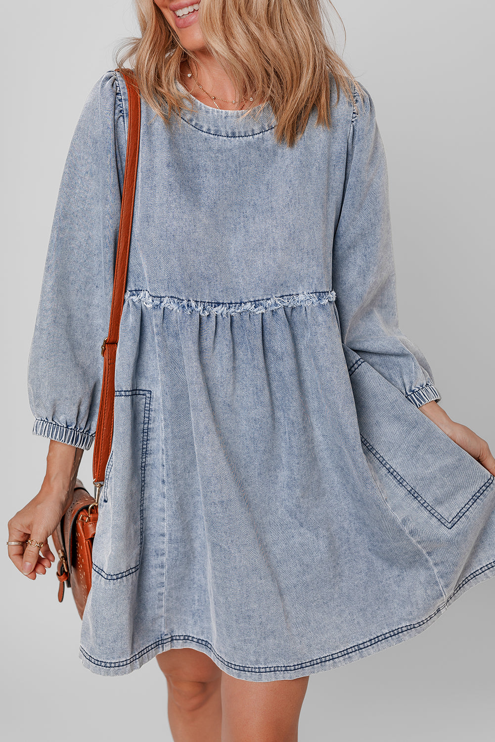 Beau Blue Light Wash High Waist Loose Fit Denim Mini Dress